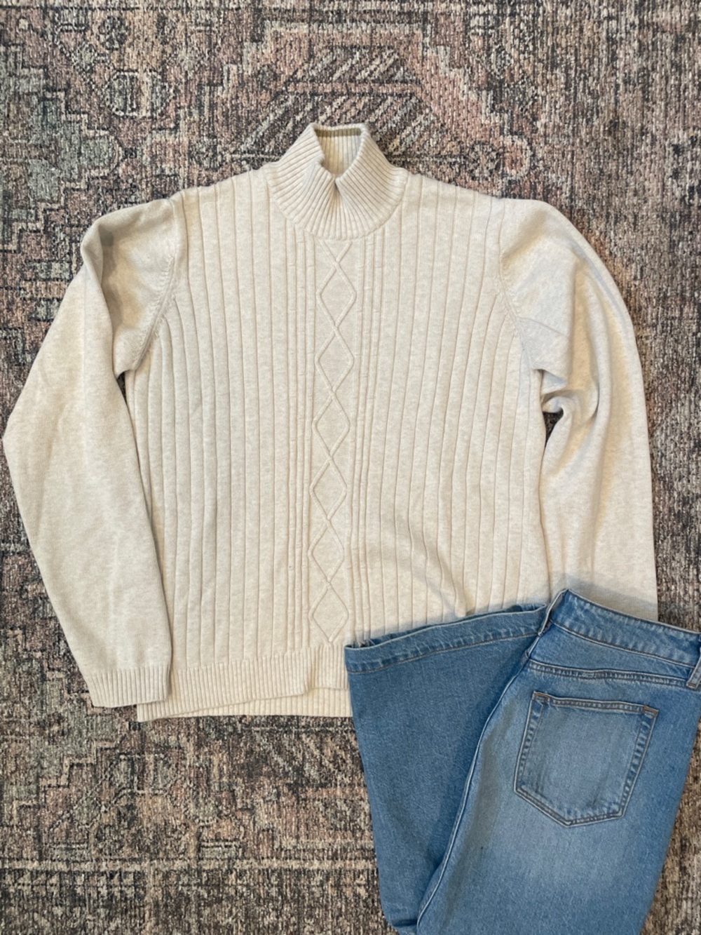 Claiborne Cream Cable Knit Sweater Small Mock Neck Classic Preppy Cotton Blend
